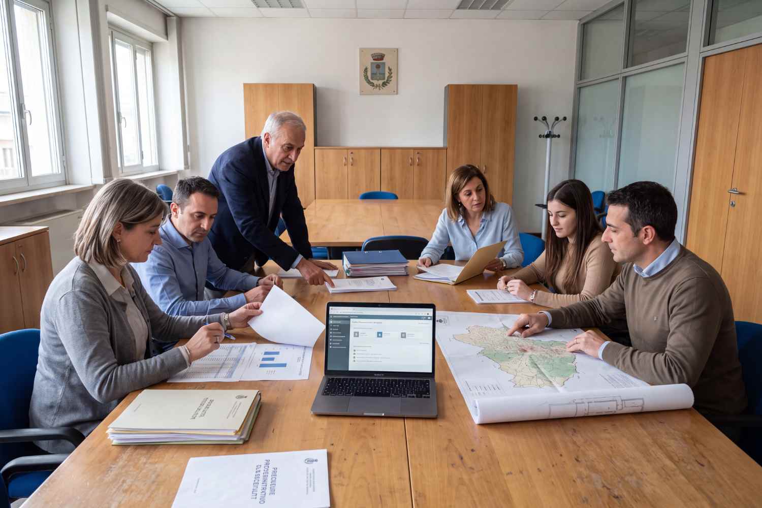 Riunione tecnica e tavolo con carte